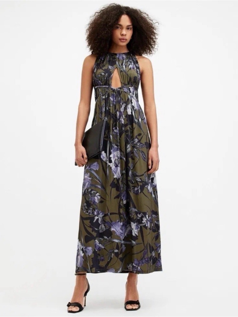 AllSaints Kaya Olive Green Floral Print Maxi Dress - Picture 2 of 9